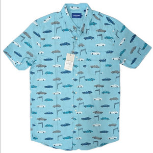 NWT Jack & Jones Blue Car Pattern Button Up Short Sleeves Shirt